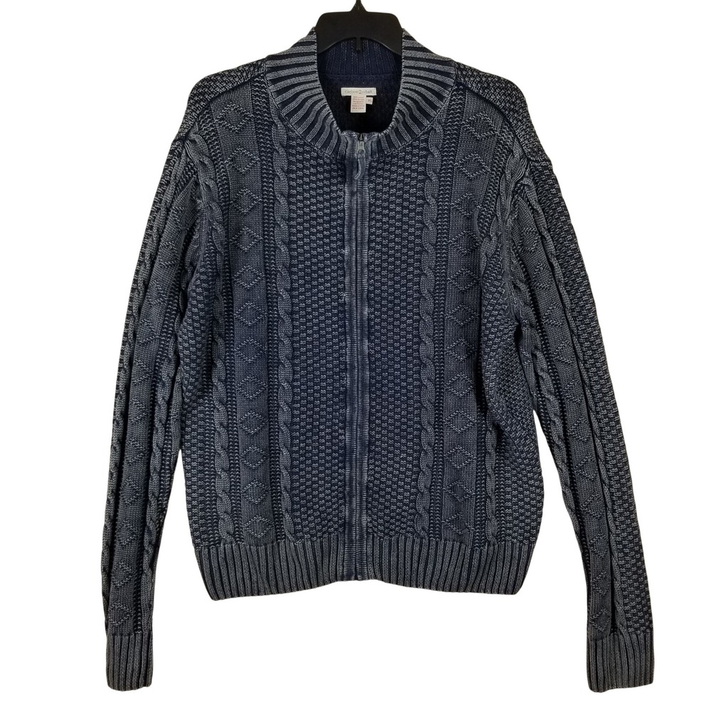 Carbon 2 Cobalt Mens XL Navy Blue Linen Cotton‎ Cable Knit Full Zip Sweater Mock